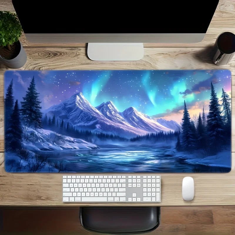 

Удлиненный игровой коврик для мыши с изображением северного сияния и горного пейзажа, нескользящая резиновая основа и прецизионные прошитые края
