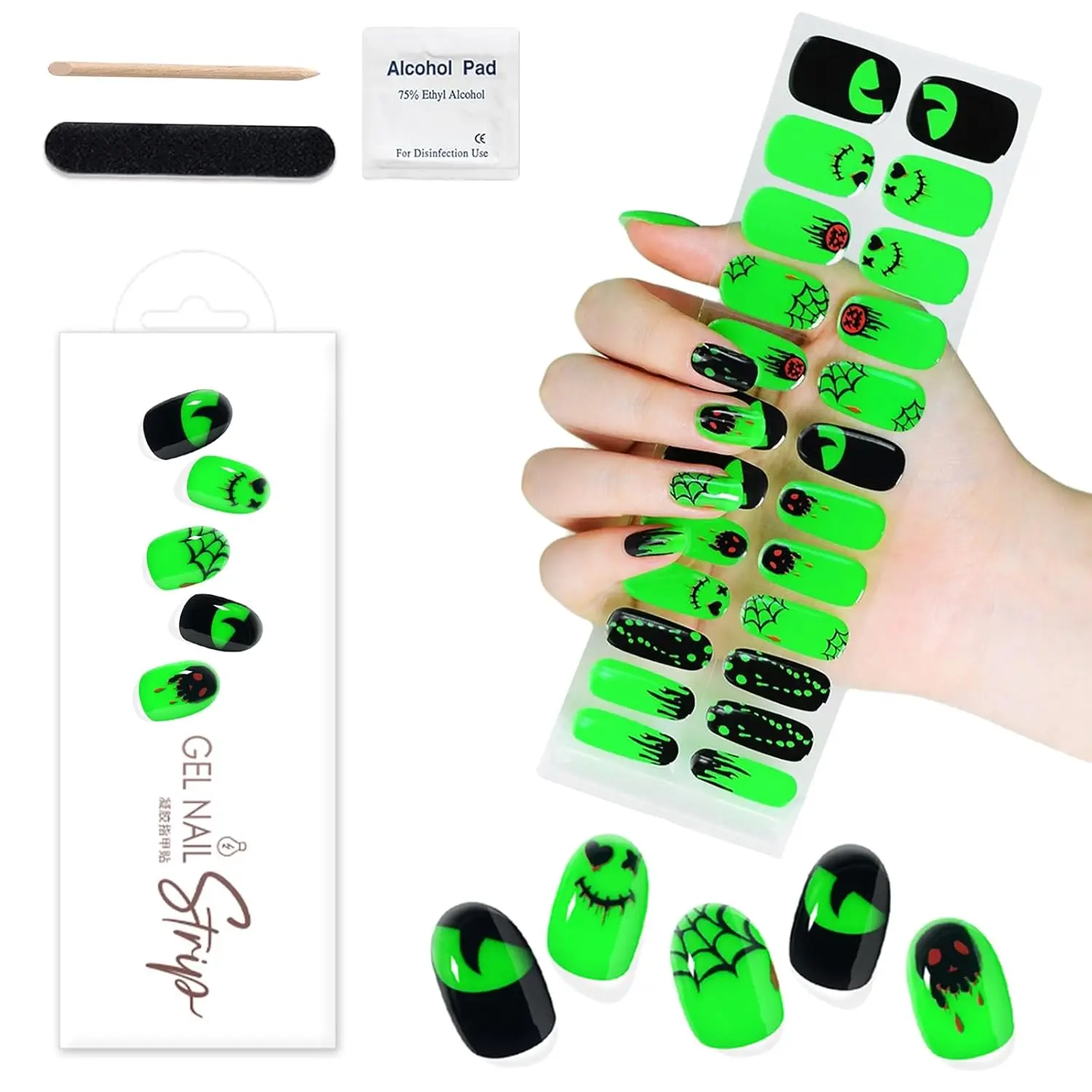 شرائط أظافر جل الهالوين المضيئة ذات 24 طرفًا - الشبح الأخضر والعنكبوت، معالجة بالأشعة فوق البنفسجية/LED، جودة الصالون، سهلة الاستخدام والإزالة