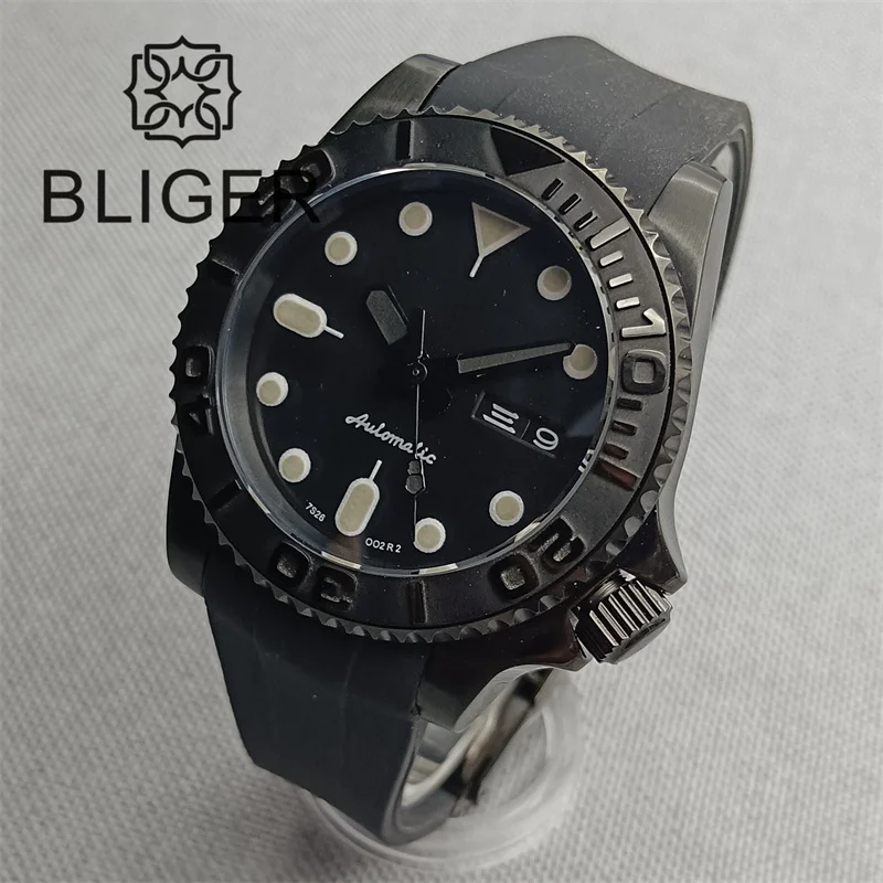 BLIGER 40mm Watch For Men NH36 Movement Week-day Display Function Full Black Dial PVD Case Curved End Rubber Strap Waterproof