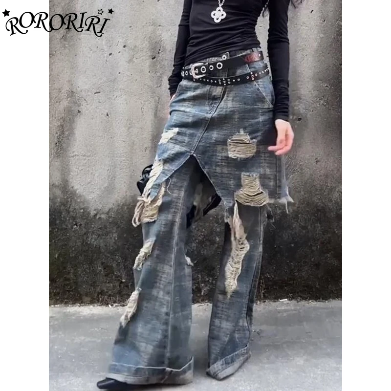 

RORORIRI Fake 2-piece Women Wash Distressed Flare Jeans High Waist Destroyed Tassels Overlay Wide Bootcut Pants Retro Streetwear