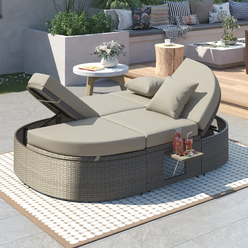 High-quality rattan waterproof fabric sun chair with collapsible cup holder, garden lounge chair, outdoor lounge chair