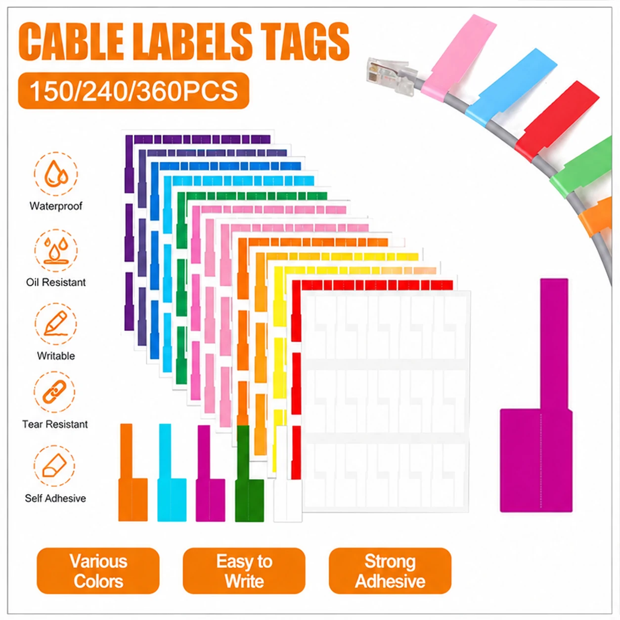 150-1080Pcs Colorful Self-Adhesive Wire Labels, Waterproof Cable Marking Tags Tear Resistant Stickers Fiber Cord Organizer