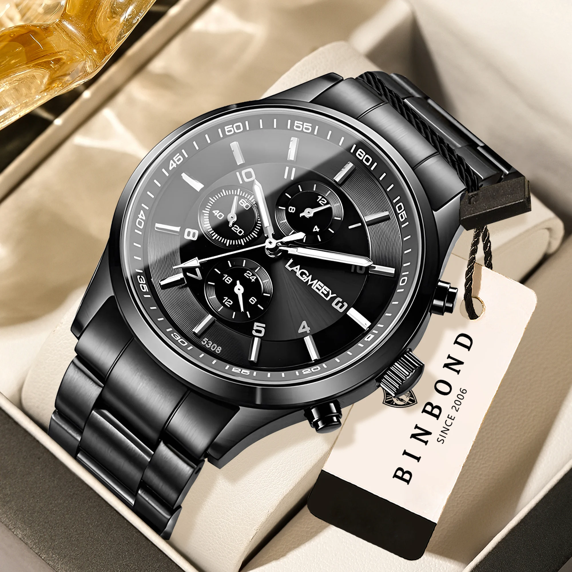 BINBOND Edelstahl-Armbanduhr, robuste Quarzuhr für Herren, luxuriöse, leuchtende, wasserdichte, präzise Business-Herrenuhr, lässige Uhr