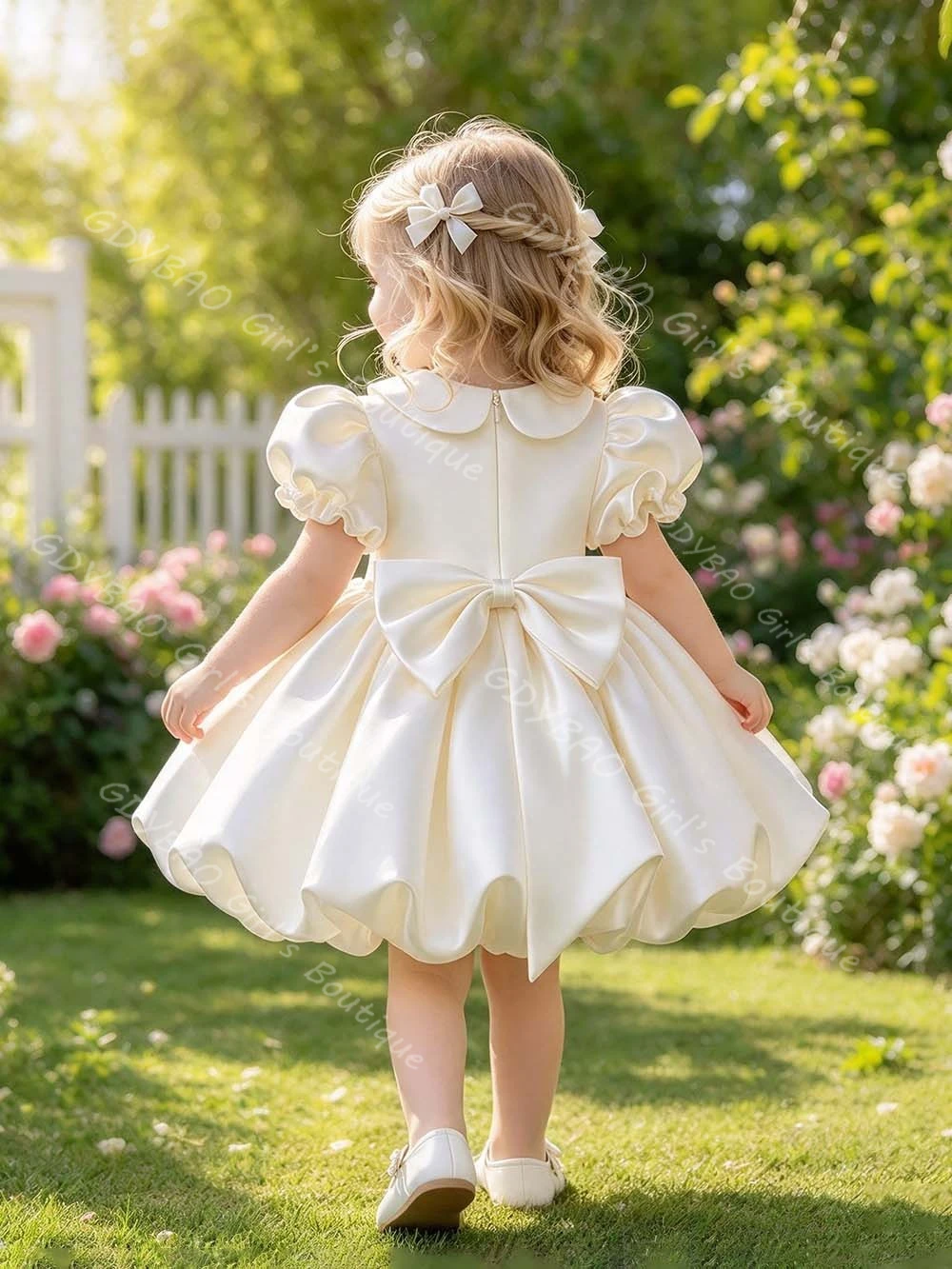 Baby Girls Princess Dress Elegant Bean Neck Puff Sleeves First Communion Birthday Dress Ruffled Satin Short Wedding Flower Girls
