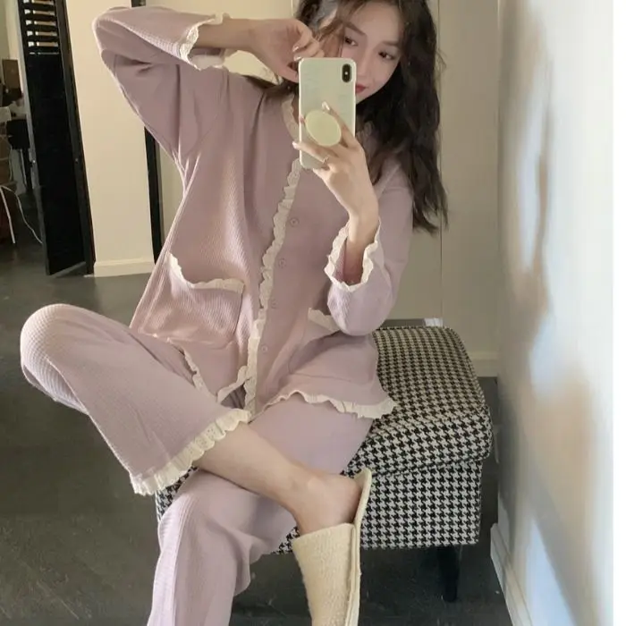 Latest Spring Autumn Pajamas Women Thin Sweet Nightdress Cute Lace Edge Sleepwear Long Sleeve Square Collar Casual Home Wear Set