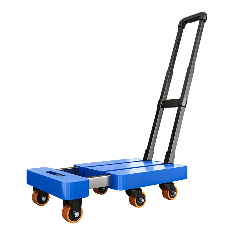 Telescopic Trolley Flatbed Cart Folding Silent Handcart Express Delivery Trolley Six Wheeled Trolley Thickened Trailer