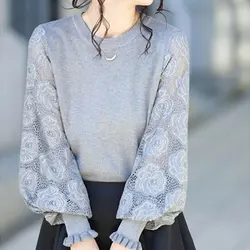 Women's Clothing Lace Hollow Out Spliced Shirt Casual Round Neck Spring Autumn Korean Solid Color Commute Loose Knitted Blouse