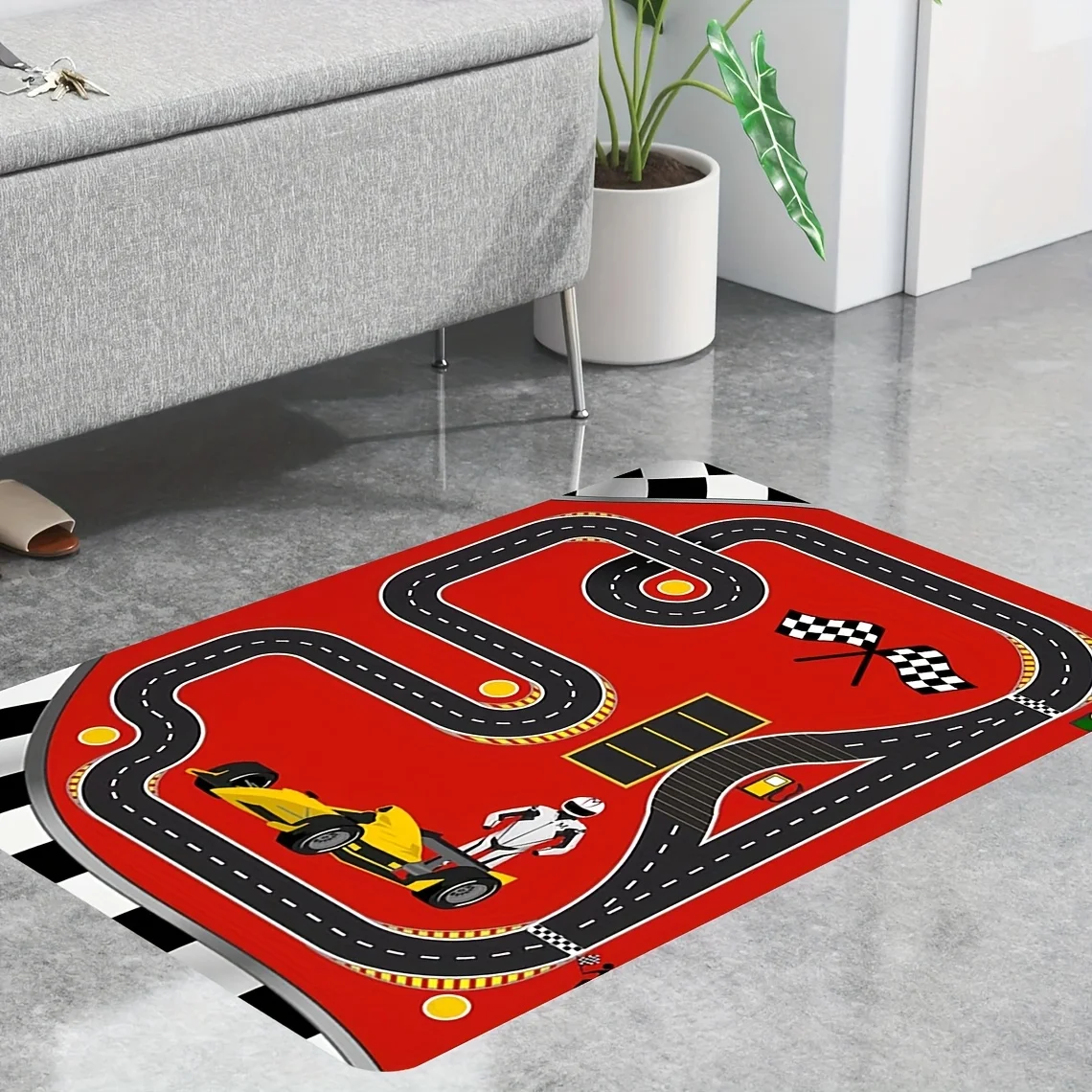 Red racing car track pattern Flannel-printed floor mats are slip-resistant Suitable living room bedroom terrace garden carpets