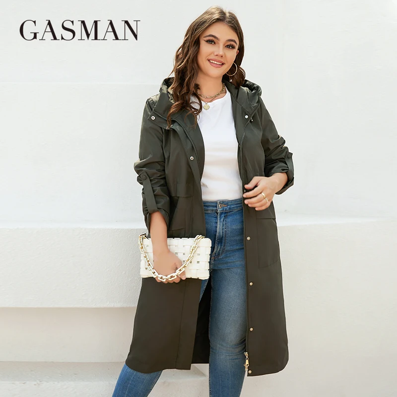 GASMAN Women's trench spring 2022 long Fashion design Coat women Brand High-Quality hooded Women's windbreaker split jacket 8289