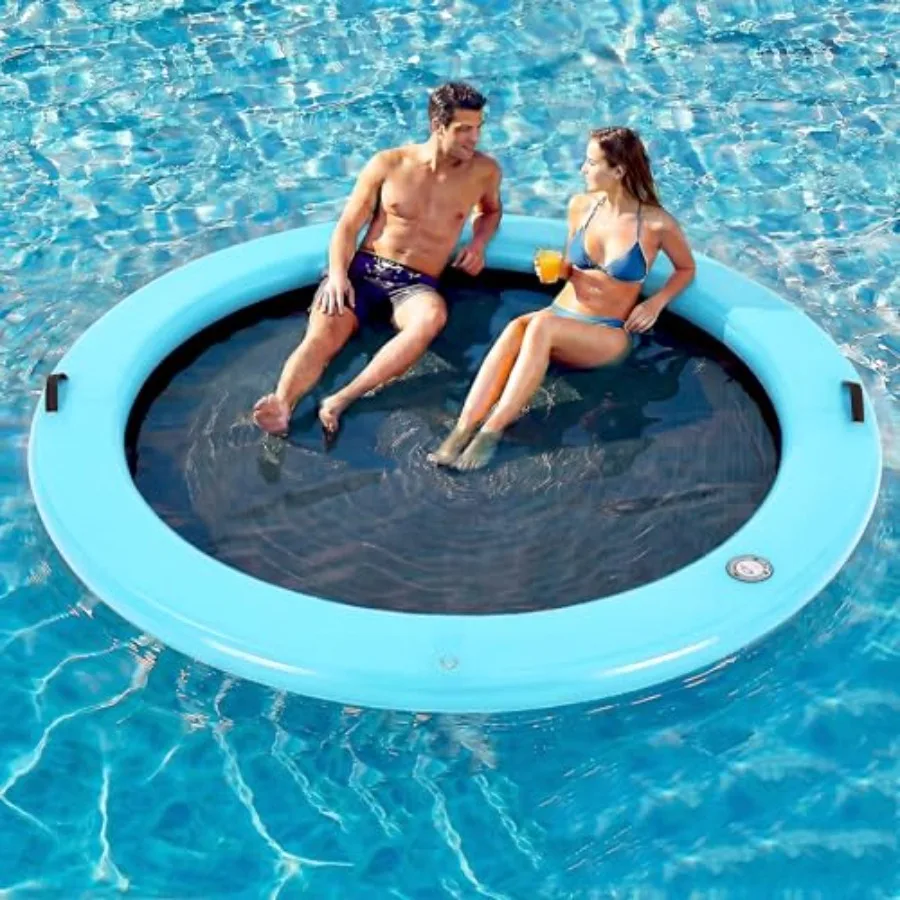 

Надувной круглый плавучий док-плот Sunchill с тканевым покрытием синего цвета, быстрое надувание/сдувание за 1-2 минуты с помощью ручного насоса