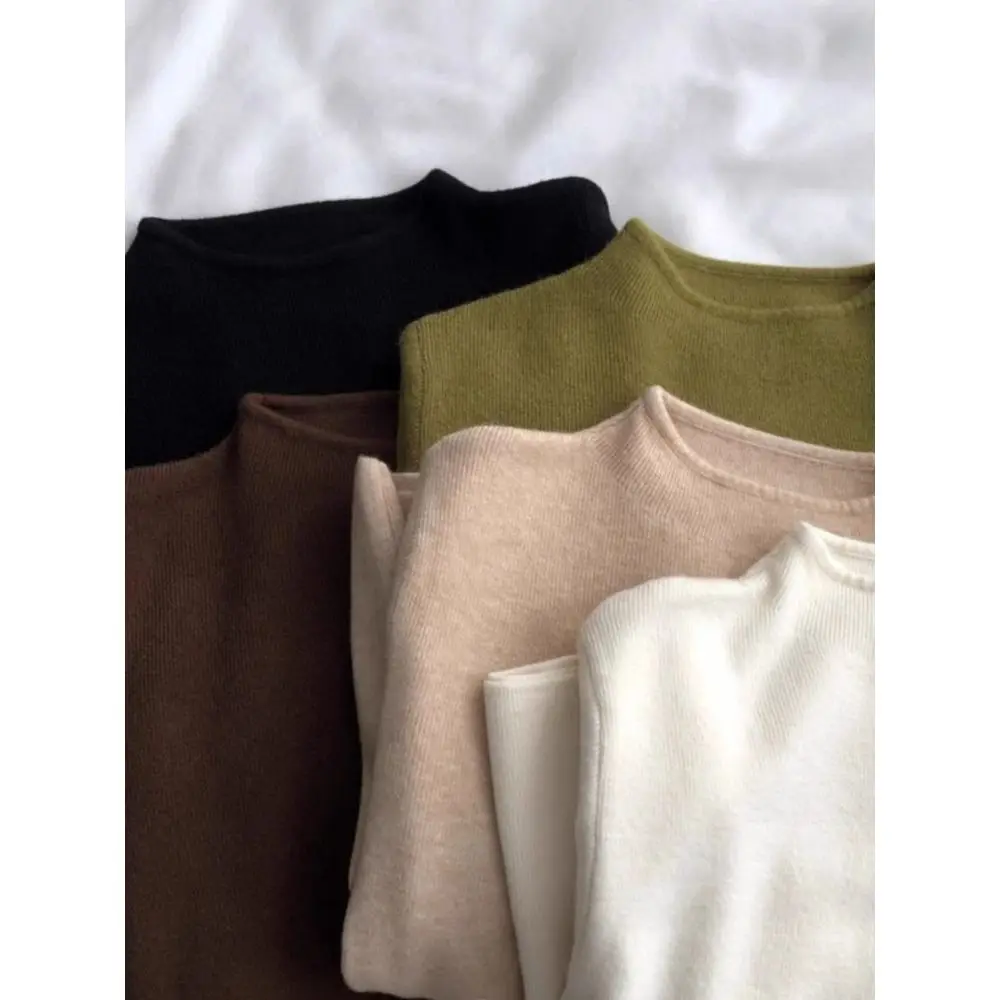 قميص نسائي أنيق بياقة عالية ناعمة وأكمام طويلة محبوكة، تصميم ضيق بياقة نصف عالية للخريف والشتاء، ملابس داخلية