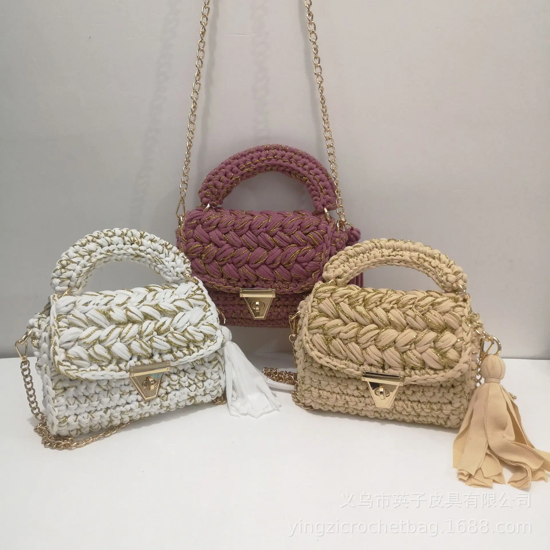 2024 New Cloth and Gold Crochet Handbag Women\'s Crossbody Tassel Small Square