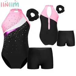 Kinder Mädchen ärmellose Gymnastik Trikots mit Workout Shorts Ballett Dance wear Gym Training Strass Bodysuit Sport Jumps uit