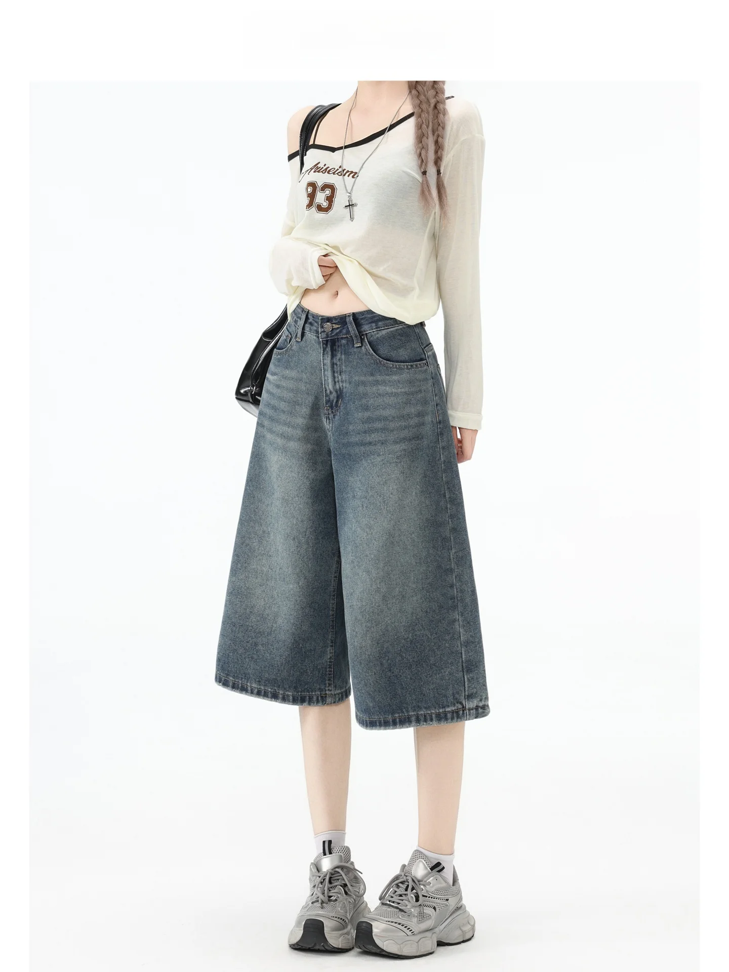 Vaqueros azules de cintura alta y pierna ancha Forever 21 para mujer, estilo retro, corte holgado informal, pantalones de siete pulgadas, tipo de cuerpo en forma de pera