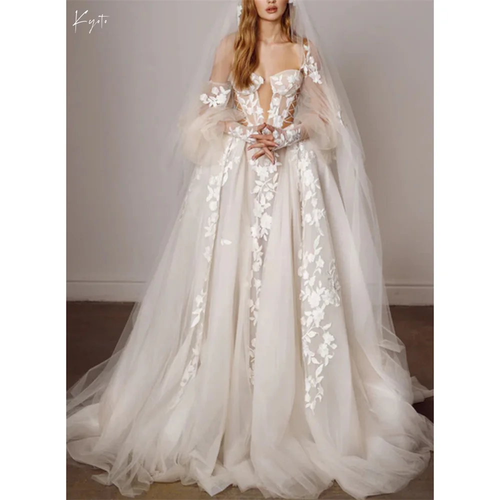 Cathy 3D Appliques Detachable Puffy Sleeves Wedding Dress White Cut-out vestidos de noiva Customized A-line Fairy Formal Evening