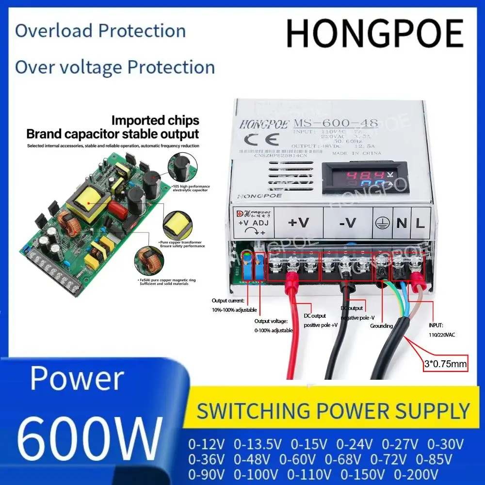 

600W Digital Display Power Supply 0-12V 13.5V 15V 24V 27V 36V 48V 60V 72V 85V 90V 110V 150V 200V 110/220V Single Output SMPS