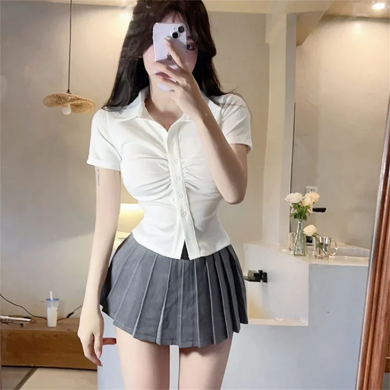 White Slim Shirts Women Hotsweet Sexy Office Lady Summer Casual Chic Minimalist Temperament Korean Fashion All-match Clothing