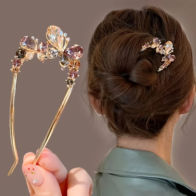 Advanced Classical Style Crystal Butterfly Inlaid Women's Alloy U-shaped Hairpin New Chinese Style Disc-shaped Hair Hairpin