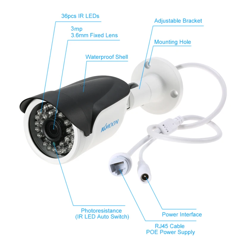 3mp POE IP Camera Waterproof Infrared Night Vision Support P2P Android/iOS APP Motion Detection