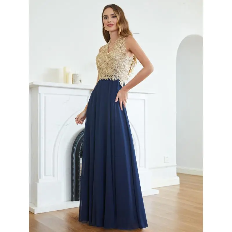 Hot Sale Elegant V-Neck Sleelvess A Line Sparking Gold Appqulies Prom Formal Dresses Women Chiffon Gown Wedding Party Evening