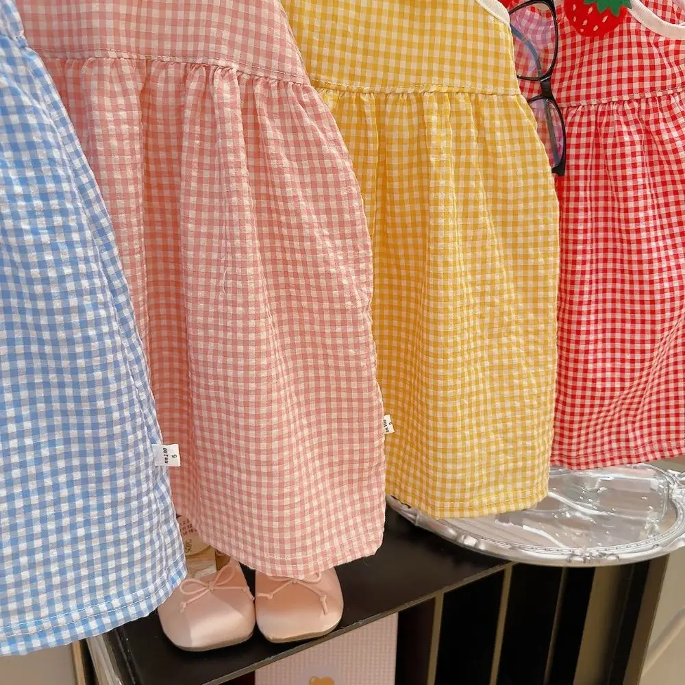 Gingham Pattern Girls Summer Dress Spaghetti Straps Fruit Applique Gathered Skirt Soft and Breathable Strap Dress