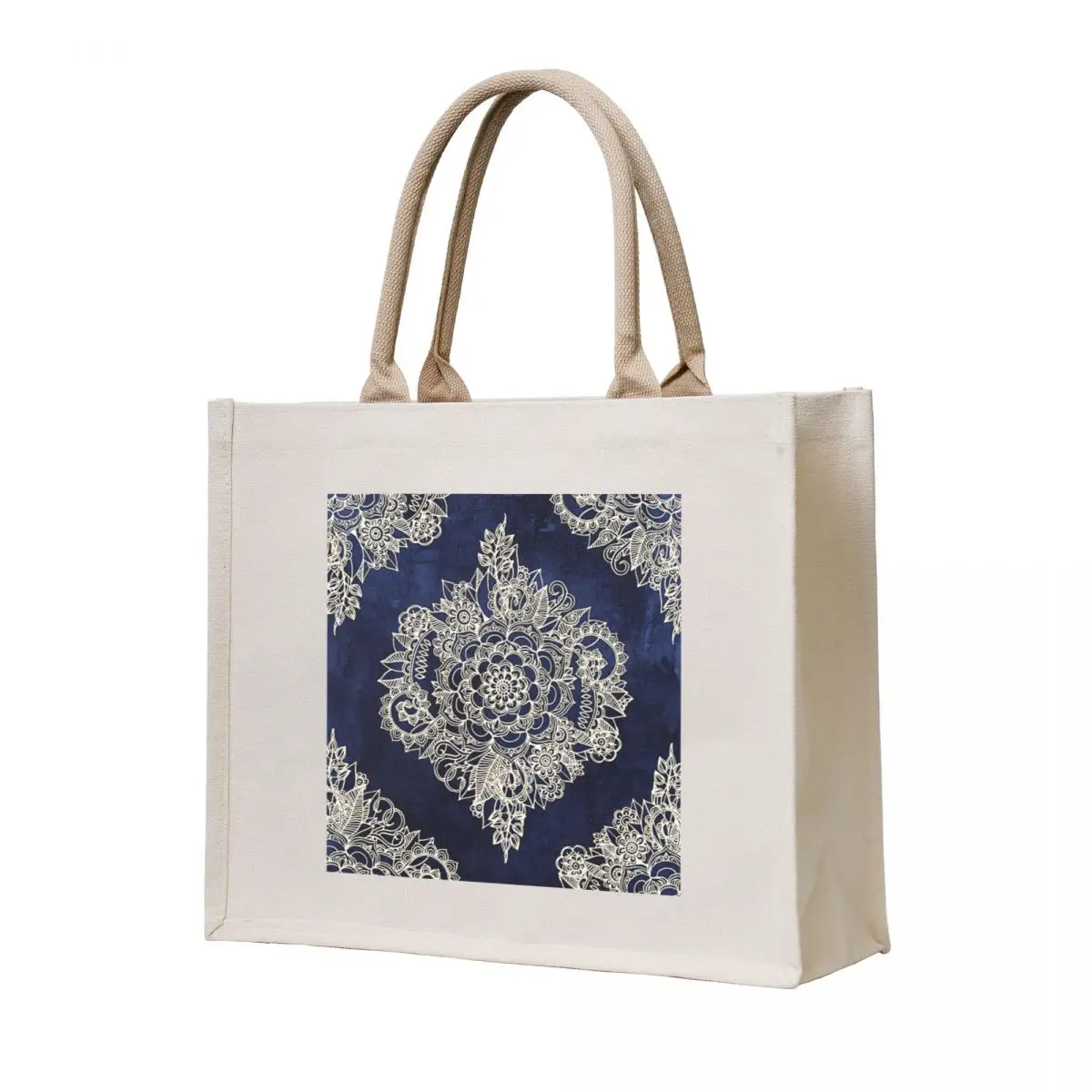 

Cream Floral Moroccan Pattern on Deep Indigo Ink Tote Bag custom fabric bag tote bag canvas women