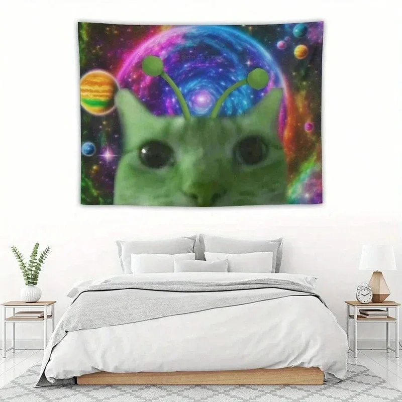 VIKAMA Trendiger Wandteppich mit Alien-Katzen-Motiv, pflegeleicht, für Gaming-Räume, personalisierter dekorativer Wandteppich