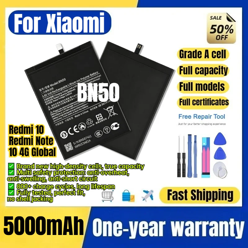 BN50 for Xiaomi Redmi 10/Redmi Note 10 4G Global Phone Battery 0 Cycle High Capacity Replacement Bateria Grade A Cell with Tools