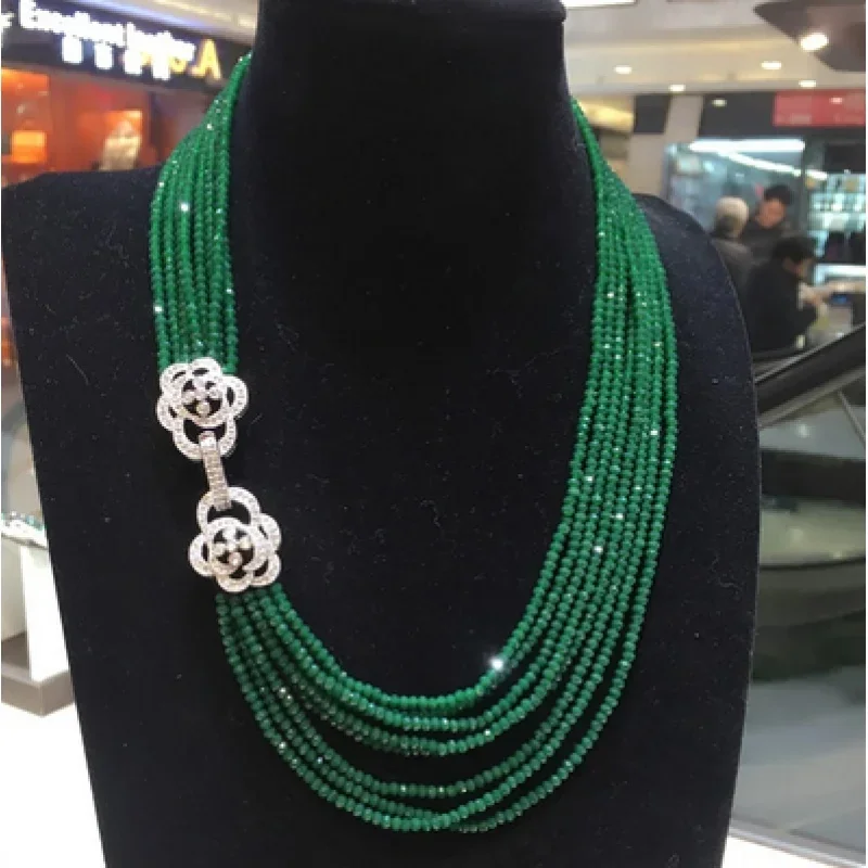 

Hot sell double 8row 2x4mm green jade necklace multilayer long sweater chain fashion jewelry 17inch 20"