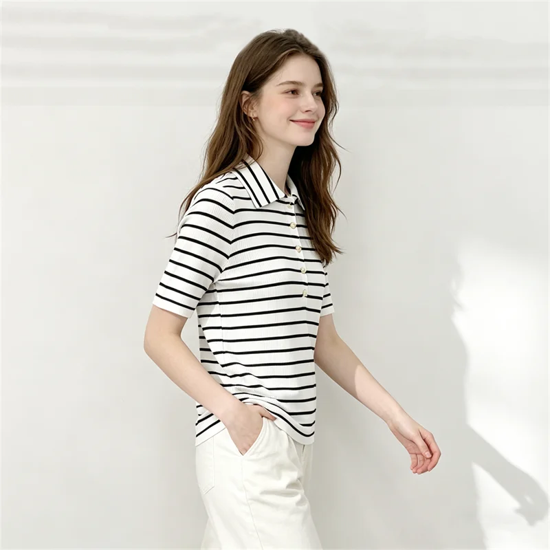 Women's Summer College Style Striped Polo Shirt Women's Short-Sleeved Lapel Slimming Knitted Top Summer New Style