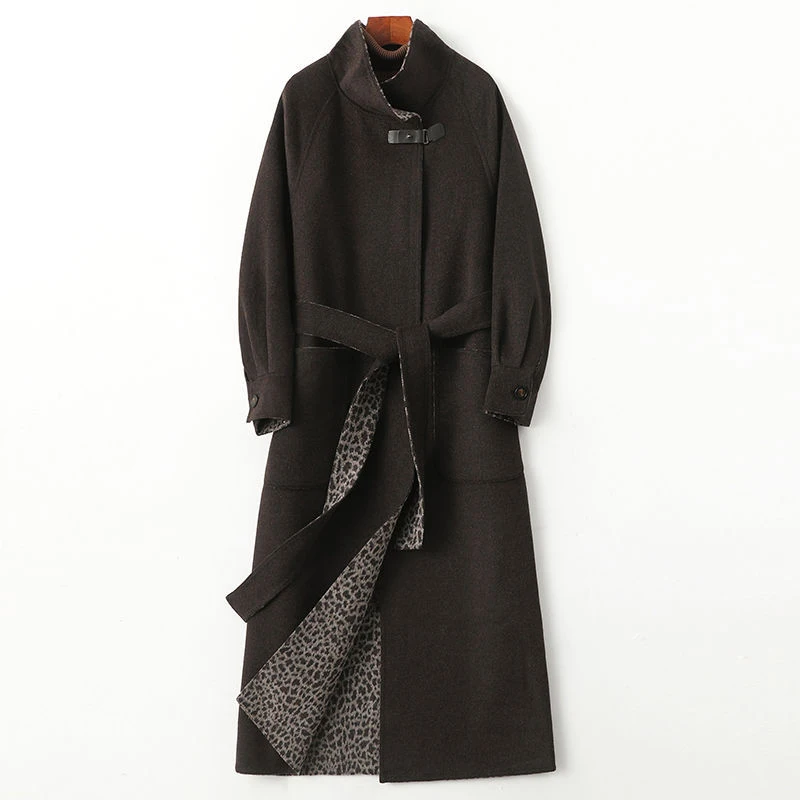 

Fall Winter Coat Women Double-faced Woolen Jacket Stand-up Collar Belt Slim Overcoat Female Fashion Warm Wool Windbreaker Outer