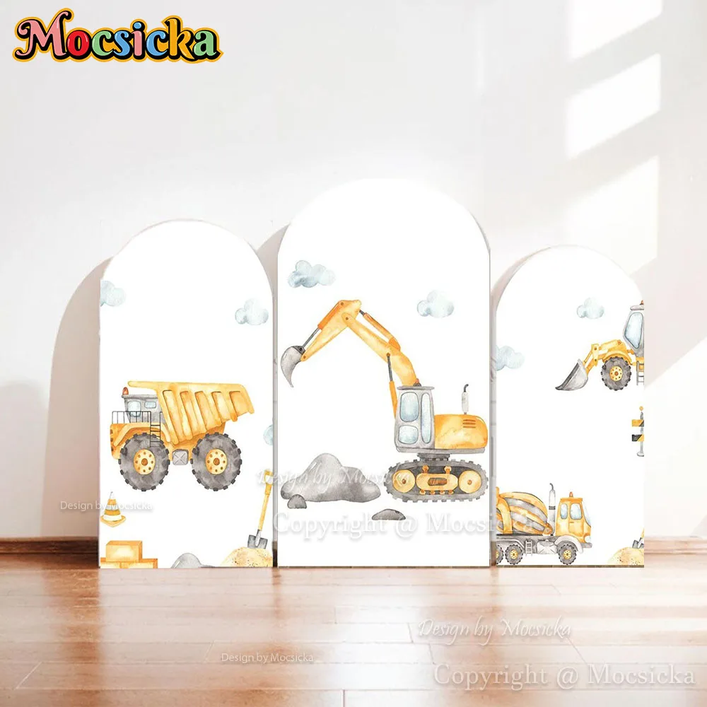 Mocsicka sous la Construction anniversaire arc toile de fond couverture jaune tracteur dessin animé fête fond photographie enfant bébé spectacle Photo