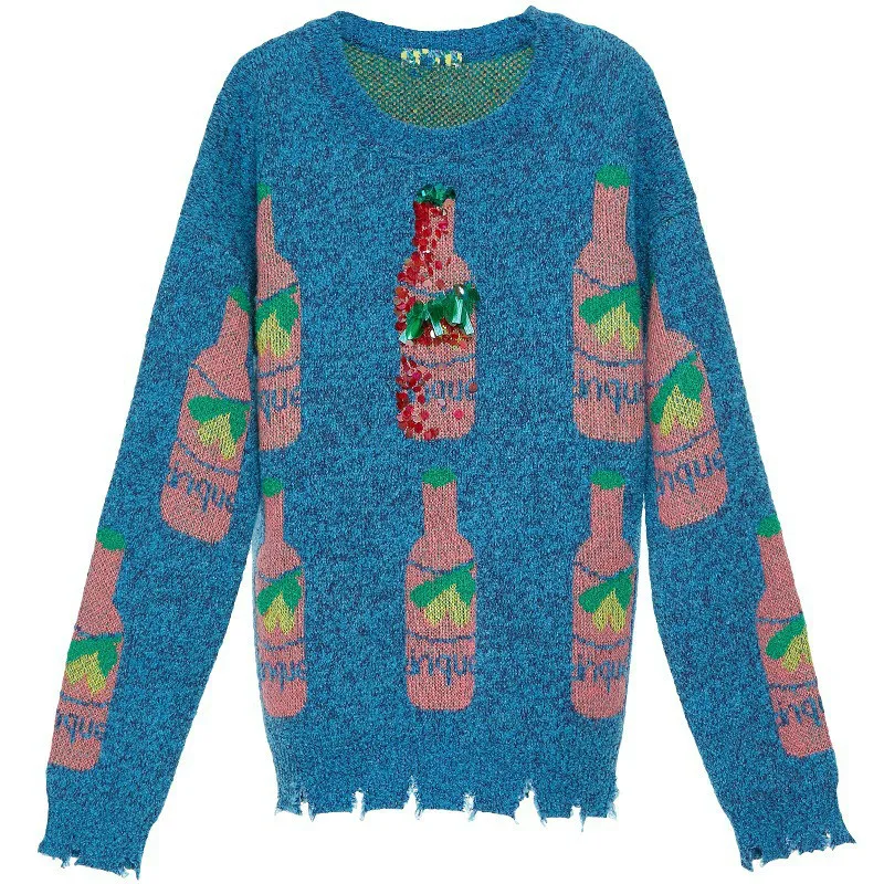 2023 Kawaii Lieve Schattige Casual Pailletten Top Trui Nieuwe Vrouwen Herfst Winter Blauwe Waterfles Print Rafelige Rand Gebreide Truien