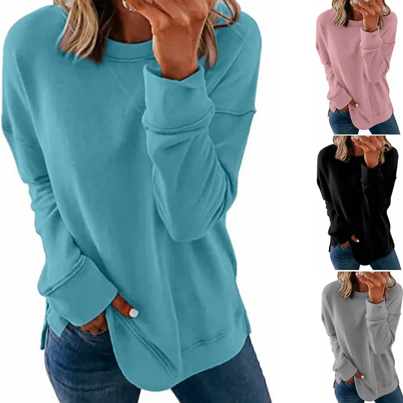 Spring & Autumn Women's Chest Cross Long Sleeves Round Neck Long Sleeves Solid Color Sweater Spring Fashion Commuter Casual Top