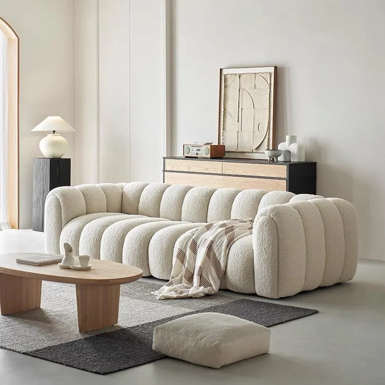 

French cream wind pumpkin sofa Internet celebrity straight row modern simple lamb wool three-person sofa Nordic cloud sofa