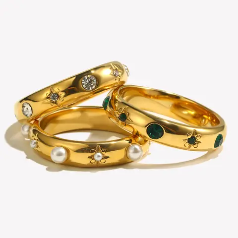 E.B.belle 18K Gold Plated Green Zircon Pearl Rings For Women Waterproof Hypoallergenic Dainty Gold Ring Stainless Steel Jewelry