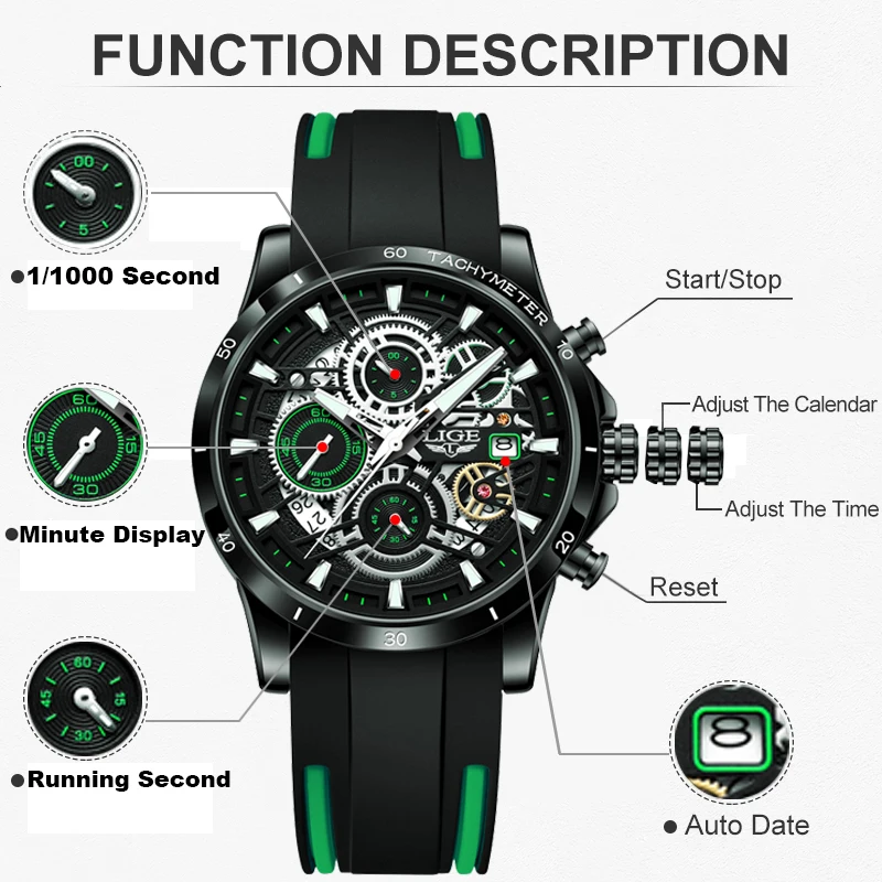 LIGE New Creative Silicone Watch Men Casual Sport Quartz Chronograph Wrist Watches For Men Fashion Waterproof Watch Montre Homme