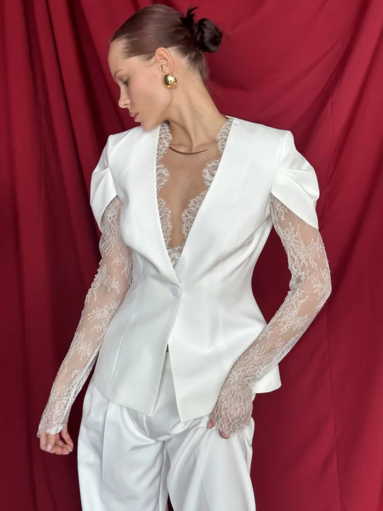 

Articat Fashion Long Sleeve Lace Patchwork Blazer Top Women Sexy Deep V Button Sheer Slim Fit Blazer Spring New Clothing 2026