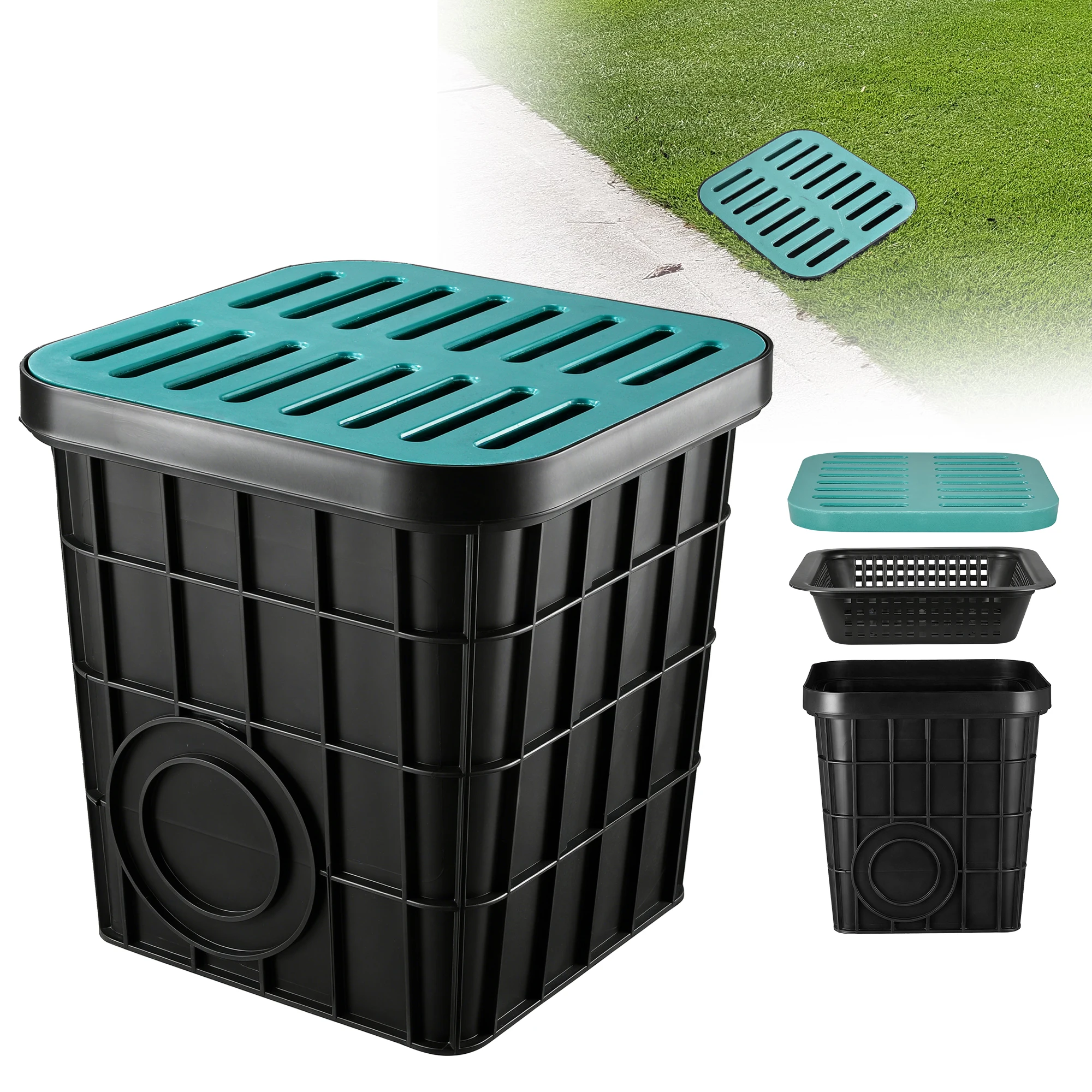 Catch Basin, 15.75 X 15.75 X 15.75 In, No Pre Drilled Holes Square Downspout Catch Basin with Grate, Debris Basket, for Lawn Landscaped Areas Patio
