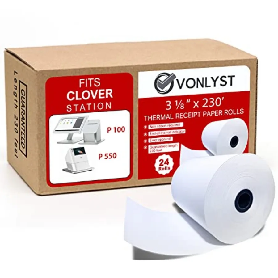 

Clover Station Receipt Paper 3 1/8" x 230' Pack Thermal Paper for Clover Station and Duo C505 Compatible P100 P500 P550 BPA Fre