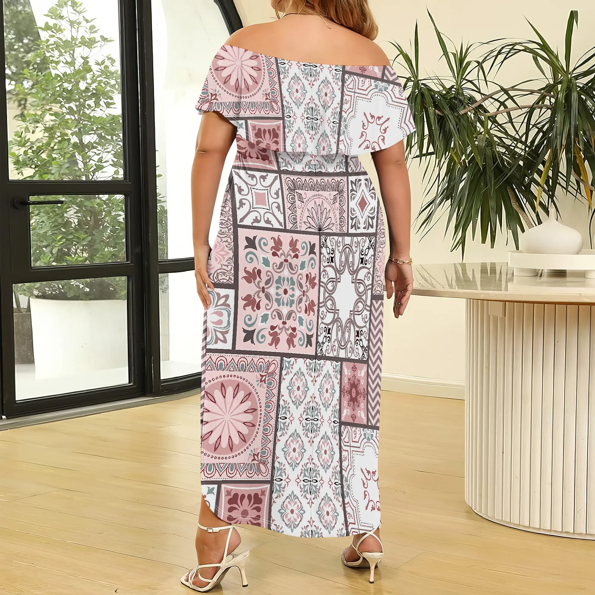 EQQZD Modern Patchwork Pattern Print Maxi Dress with Pockets, Plus Size Stylish Casual Slit-Side Dress for Women