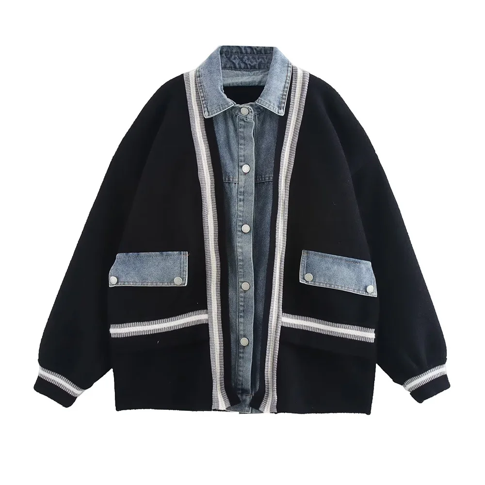 Autumn new fashion women's casual elegant design denim patchwork sweater shirt collar striped cardigan jacket