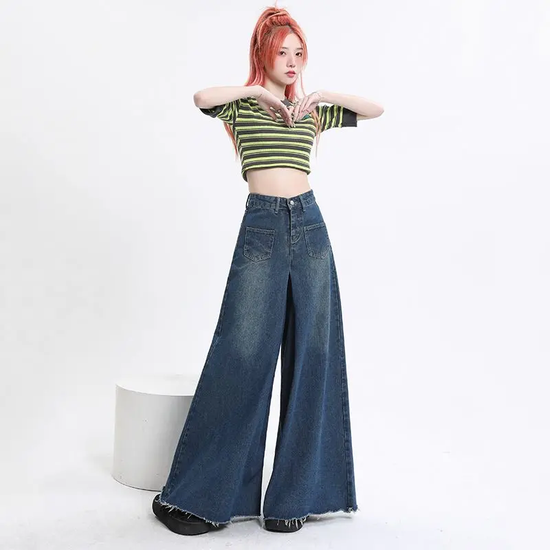 Light Blue Wide Leg Jeans for Women\'s 2024 Summer High Waisted Loose Fitting Hong Kong Style Fashion Design Straight Leg Pants