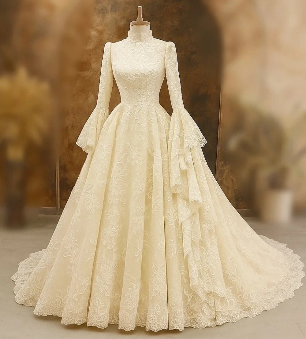 

Customized Lace Ruched High Collar Floor-length Bespoke Occasion Dresses Woman Elegant Gorgeous Party Wedding High Quality