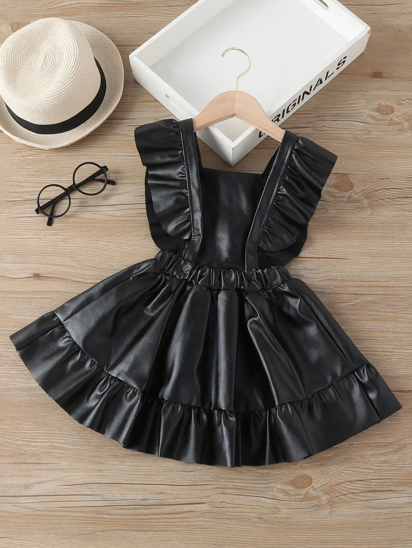 Spring PU Leather Clothes Ruffle Sleeveless Toddler Vest Dress For Kids Girl