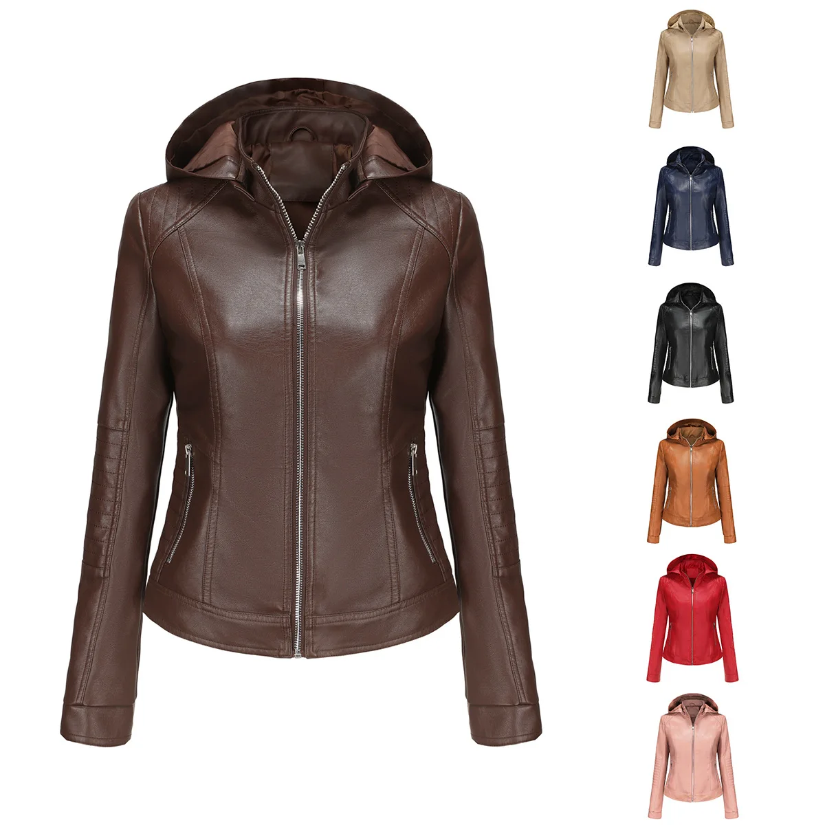 Women's Hooded Leather Coat with Detachable Hat, Windproof Motorcycle Coat, Short Casual Jacket, Spring and Autumn