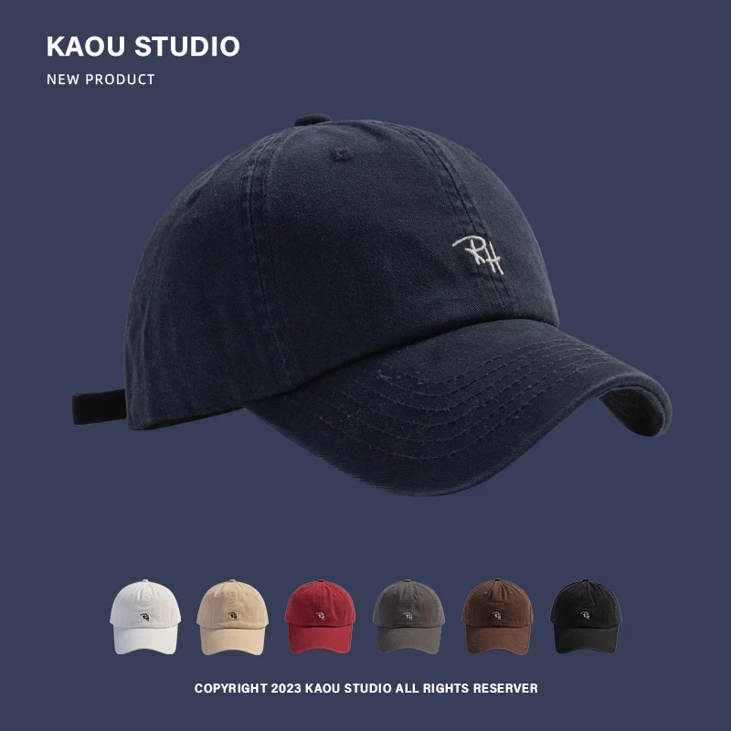 Embroidered Hat Women's Face-Looking Little Korean Style Versatile Soft Peaked Cap Retro Navy Blue Trendy Men's Baseball Cap 