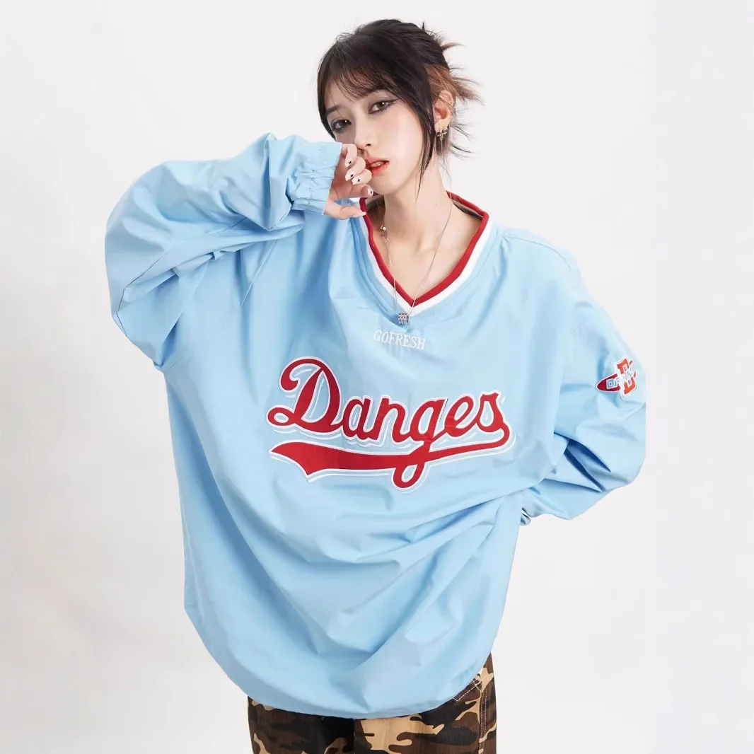 الرجعية الأمريكية نمط فضفاض صالح البلوز عارضة الشارع الشهير للأزواج الرجال النساء ربيع الخريف الخامس الرقبة المطبوعة أعلى