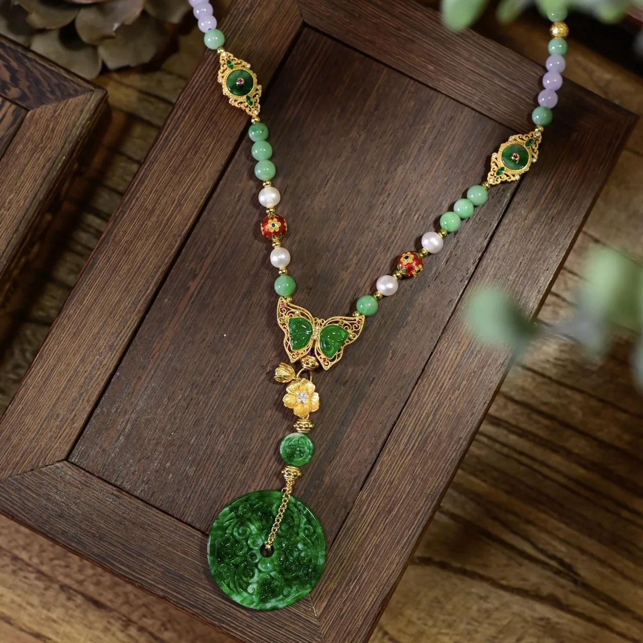 A-Grade Natural Lavender Jade Necklace, Carved Peace Buckle Pendant, Freshwater Pearl, 925 Silver Chinese Gemstone Gift