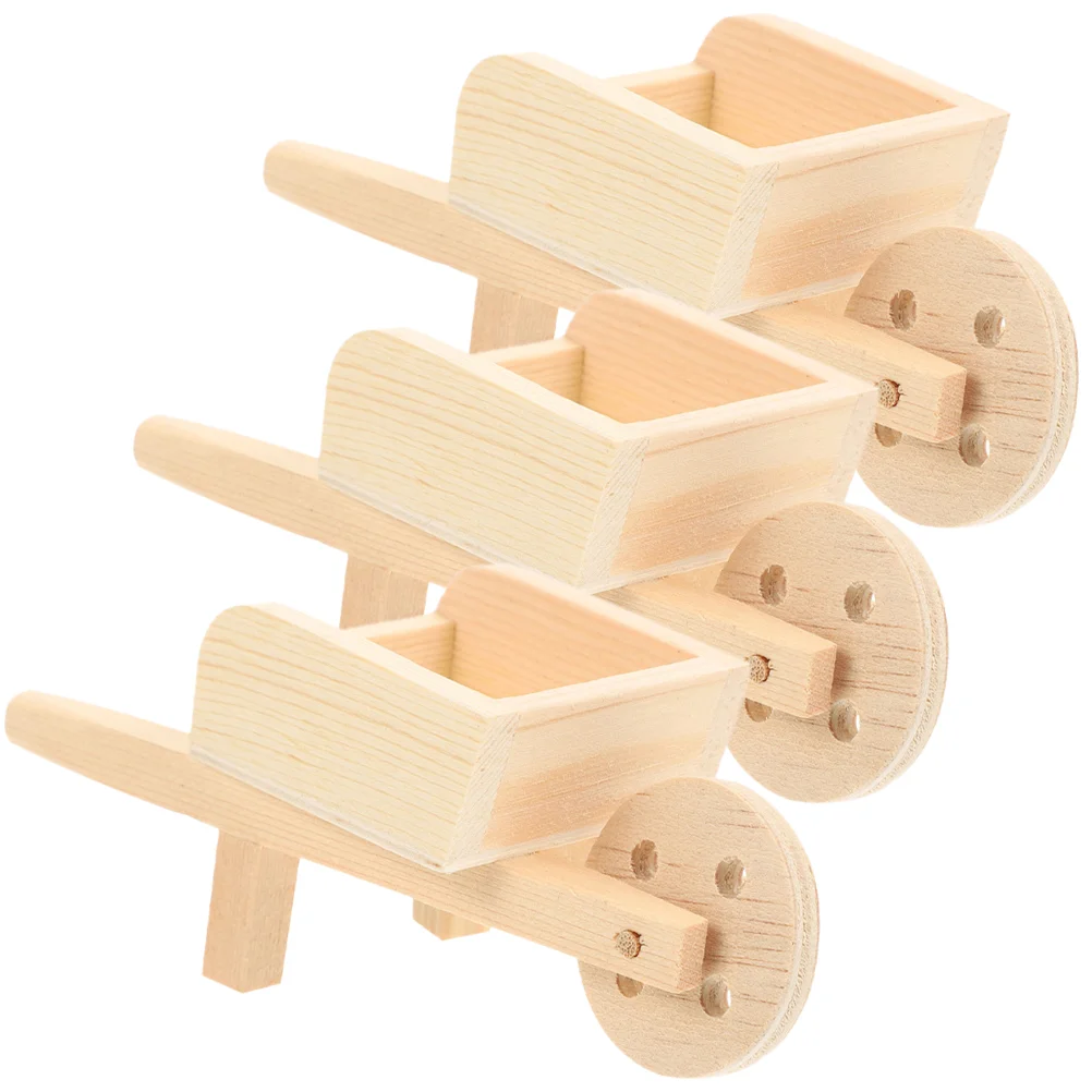 3 Pcs Mini Stroller Cart Barrows Miniature Wooden Wheelbarrows Dolls House Decor Flowerpot Models Toys